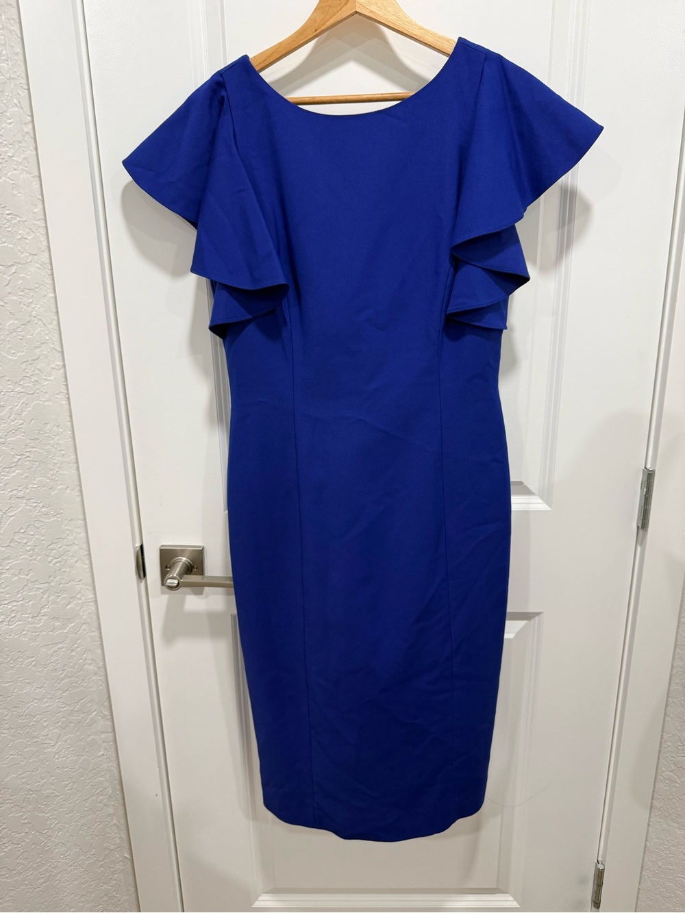 ANTONIO MELANI Cobalt Ruffle-Sleeve Midi Sheath Dress Size 8